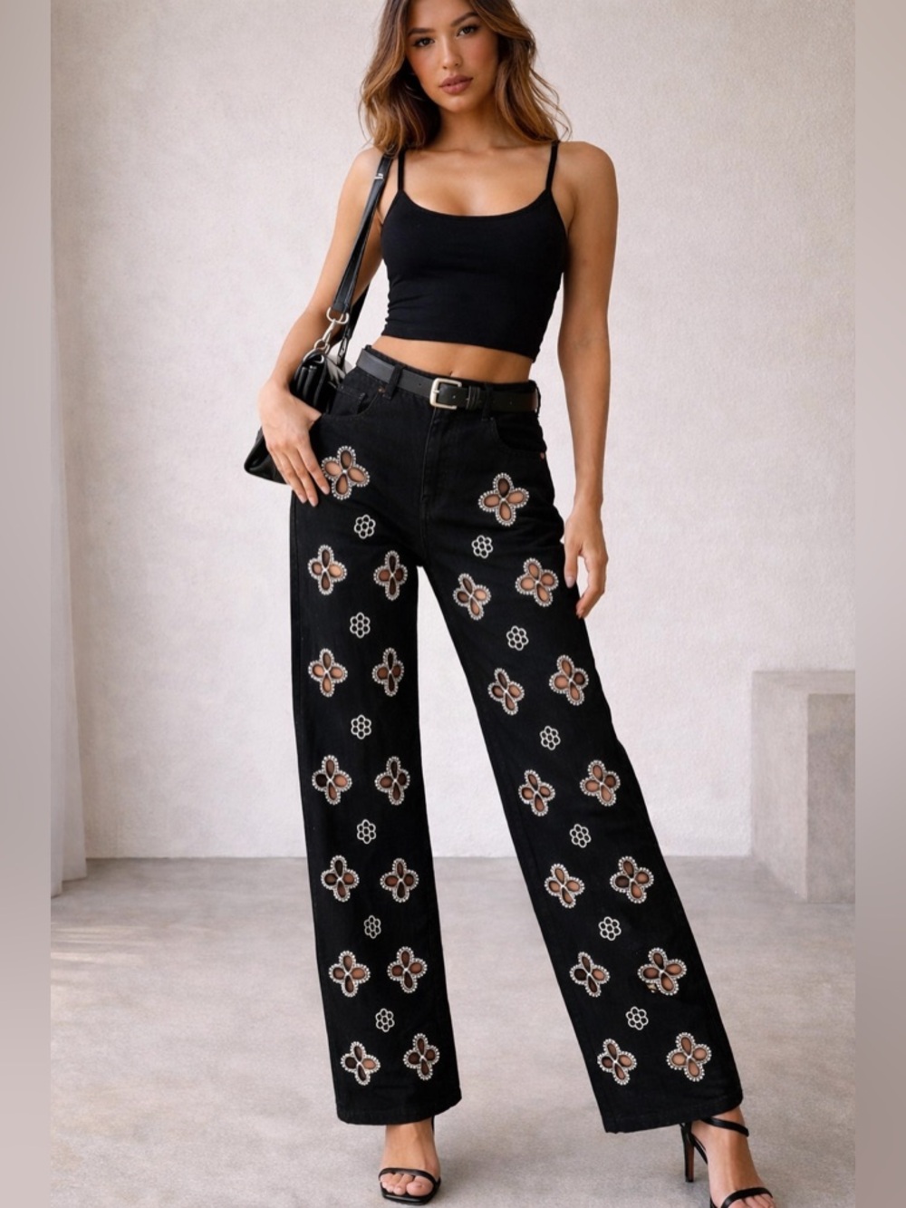 Peekskill Black Beaded Floral Wide Leg Jeans High Rise Denim Pants NWOT